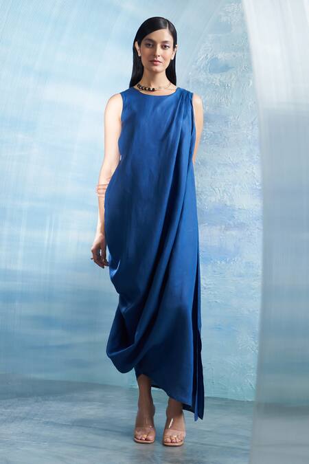 Charkhee Blue Linen, Cotton Round Neck Draped Dress With Tie Up Belt Online at Aza Fashions Charkhee_Blue Linen, Cotton Round Neck Draped Dress With Tie Up Belt _Online_at_Aza_Fashions