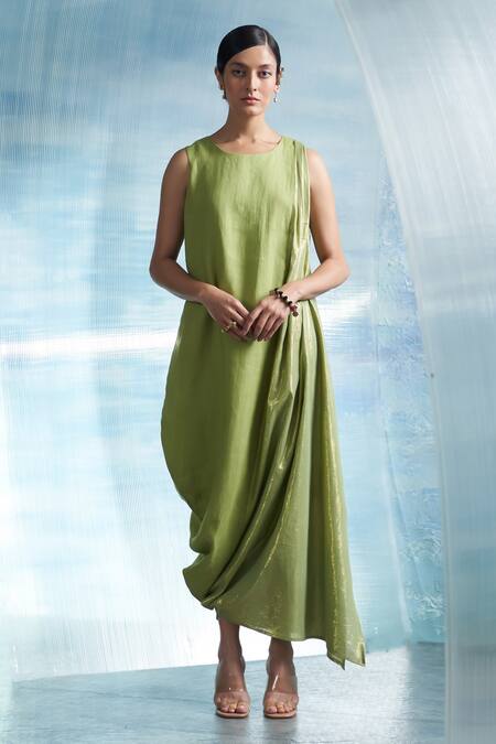 Charkhee Green Linen, Cotton Round Neck Sleeveless Draped Dress With Tie Up Belt Online at Aza Fashions Charkhee_Green Linen, Cotton Round Neck Sleeveless Draped Dress With Tie Up Belt _Online_at_Aza_Fashions