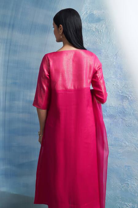 Shop Charkhee Fuchsia Linen, Cotton Satin, Organza Round Neck Stripe Woven Kurta Set at Aza Fashions Shop_Charkhee_Fuchsia Linen, Cotton Satin, Organza Round Neck Stripe Woven Kurta Set _at_Aza_Fashions
