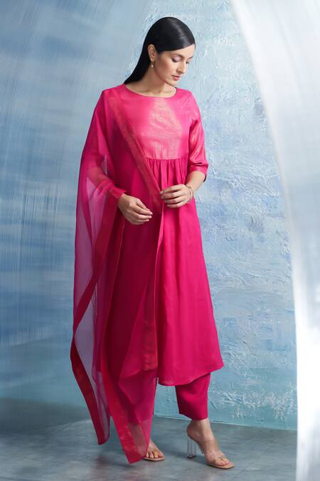 Charkhee Fuchsia Linen, Cotton Satin, Organza Round Neck Stripe Woven Kurta Set Online at Aza Fashions Charkhee_Fuchsia Linen, Cotton Satin, Organza Round Neck Stripe Woven Kurta Set _Online_at_Aza_Fashions