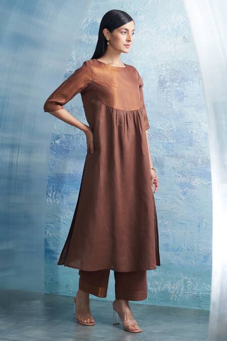 Charkhee Brown Linen, Cotton Satin, Organza Round Neck Yoke Woven Kurta Set Online at Aza Fashions Charkhee_Brown Linen, Cotton Satin, Organza Round Neck Yoke Woven Kurta Set _Online_at_Aza_Fashions