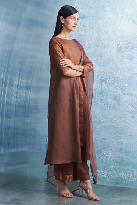 Shop Charkhee Brown Linen, Cotton Satin, Organza Round Neck Yoke Woven Kurta Set Online at Aza Fashions Shop_Charkhee_Brown Linen, Cotton Satin, Organza Round Neck Yoke Woven Kurta Set _Online_at_Aza_Fashions