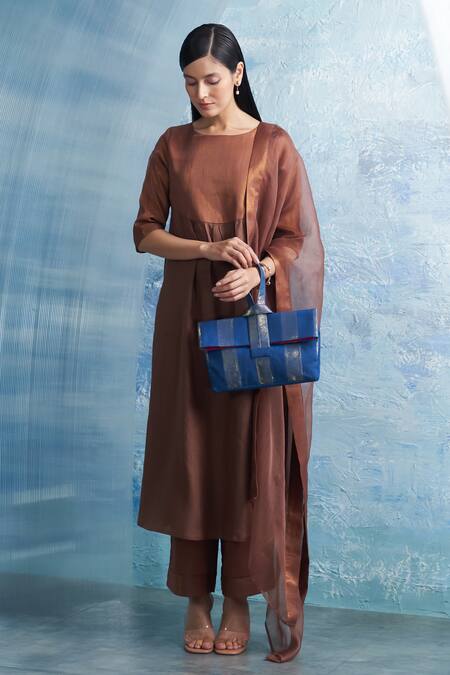 Charkhee Brown Linen, Cotton Satin, Organza Round Neck Yoke Woven Kurta Set at Aza Fashions Charkhee_Brown Linen, Cotton Satin, Organza Round Neck Yoke Woven Kurta Set _at_Aza_Fashions