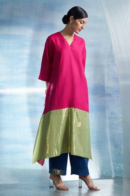 Shop_Charkhee_Fuchsia Linen, Cotton Satin, Organza V-neck Colorblock Woven Kurta Set _Online_at_Aza_Fashions