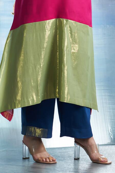 Charkhee_Fuchsia Linen, Cotton Satin, Organza V-neck Colorblock Woven Kurta Set _at_Aza_Fashions