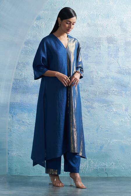 Charkhee Blue Linen, Cotton Satin, Organza V-neck Stripe Woven Kurta Set Online at Aza Fashions Charkhee_Blue Linen, Cotton Satin, Organza V-neck Stripe Woven Kurta Set _Online_at_Aza_Fashions