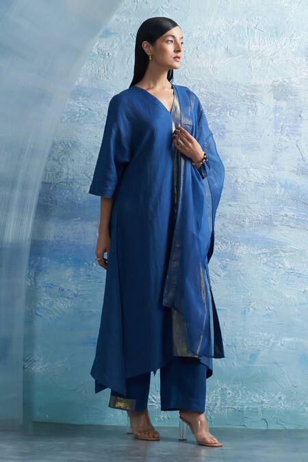 Buy Charkhee Blue Linen, Cotton Satin, Organza V-neck Stripe Woven Kurta Set Online at Aza Fashions Buy_Charkhee_Blue Linen, Cotton Satin, Organza V-neck Stripe Woven Kurta Set _Online_at_Aza_Fashions