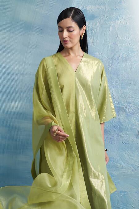 Buy Charkhee Green Linen, Cotton Satin, Organza V-neck Linear Woven Kurta Set Online at Aza Fashions Buy_Charkhee_Green Linen, Cotton Satin, Organza V-neck Linear Woven Kurta Set _Online_at_Aza_Fashions