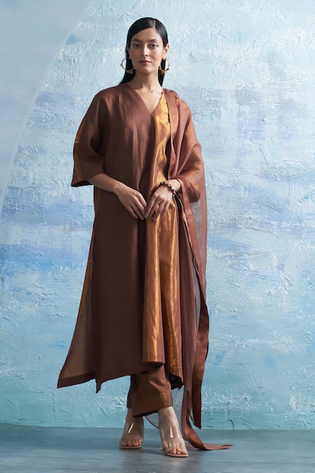 Buy Charkhee Brown Linen, Cotton Satin, Organza V-neck Linear Woven Kurta Pant Set Online at Aza Fashions Buy_Charkhee_Brown Linen, Cotton Satin, Organza V-neck Linear Woven Kurta Pant Set _Online_at_Aza_Fashions