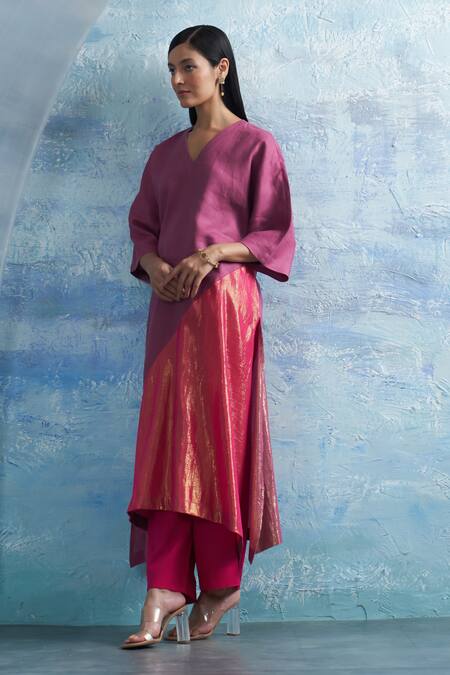 Shop_Charkhee_Pink Linen, Cotton Satin, Organza V-neck V Colorblock Woven Kurta Pant Set _Online_at_Aza_Fashions