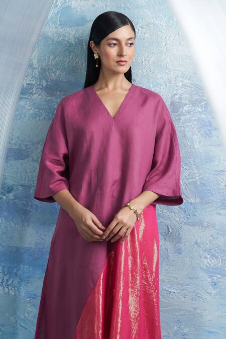 Charkhee_Pink Linen, Cotton Satin, Organza V-neck V Colorblock Woven Kurta Pant Set _at_Aza_Fashions
