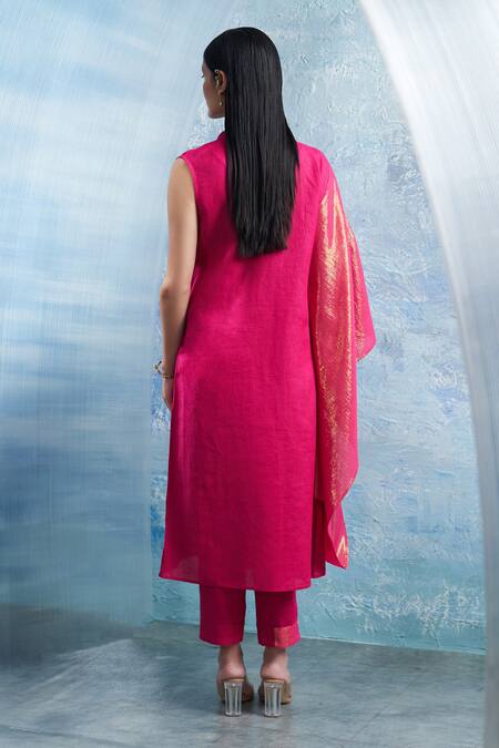 Shop Charkhee Fuchsia Linen, Cotton Satin Shawl Neck Wrap Kurta And Pant Set at Aza Fashions Shop_Charkhee_Fuchsia Linen, Cotton Satin Shawl Neck Wrap Kurta And Pant Set _at_Aza_Fashions