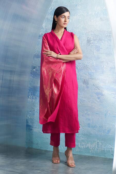 Charkhee Fuchsia Linen, Cotton Satin Shawl Neck Wrap Kurta And Pant Set Online at Aza Fashions Charkhee_Fuchsia Linen, Cotton Satin Shawl Neck Wrap Kurta And Pant Set _Online_at_Aza_Fashions