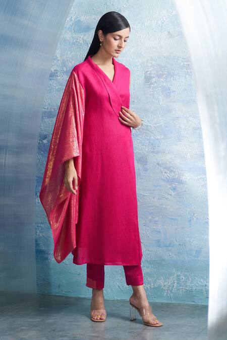 Buy Charkhee Fuchsia Linen, Cotton Satin Shawl Neck Wrap Kurta And Pant Set Online at Aza Fashions Buy_Charkhee_Fuchsia Linen, Cotton Satin Shawl Neck Wrap Kurta And Pant Set _Online_at_Aza_Fashions