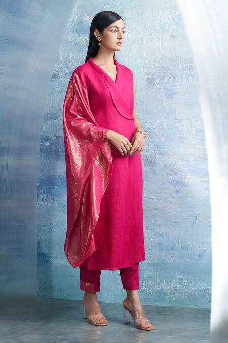 Shop Charkhee Fuchsia Linen, Cotton Satin Shawl Neck Wrap Kurta And Pant Set Online at Aza Fashions Shop_Charkhee_Fuchsia Linen, Cotton Satin Shawl Neck Wrap Kurta And Pant Set _Online_at_Aza_Fashions
