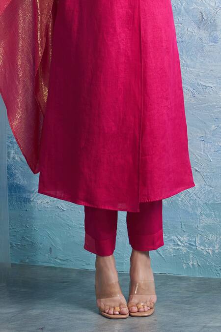 Charkhee Fuchsia Linen, Cotton Satin Shawl Neck Wrap Kurta And Pant Set at Aza Fashions Charkhee_Fuchsia Linen, Cotton Satin Shawl Neck Wrap Kurta And Pant Set _at_Aza_Fashions