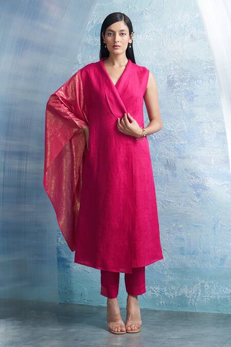 Buy Charkhee Fuchsia Linen, Cotton Satin Shawl Neck Wrap Kurta And Pant Set Buy_Charkhee_Fuchsia Linen, Cotton Satin Shawl Neck Wrap Kurta And Pant Set