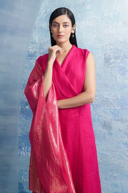 Shop Charkhee Fuchsia Linen, Cotton Satin Shawl Neck Wrap Kurta And Pant Set Shop_Charkhee_Fuchsia Linen, Cotton Satin Shawl Neck Wrap Kurta And Pant Set
