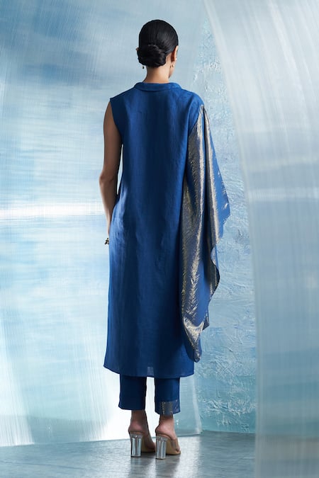 Charkhee Blue Kurta- Linen Plain Shawl Collar Sleeveless Wrap And Pant Set  2