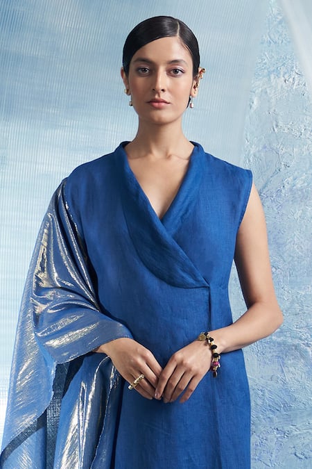 Charkhee Blue Kurta- Linen Plain Shawl Collar Sleeveless Wrap And Pant Set  4