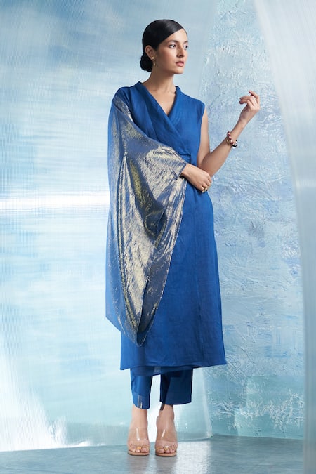 Charkhee Blue Kurta- Linen Plain Shawl Collar Sleeveless Wrap And Pant Set  6