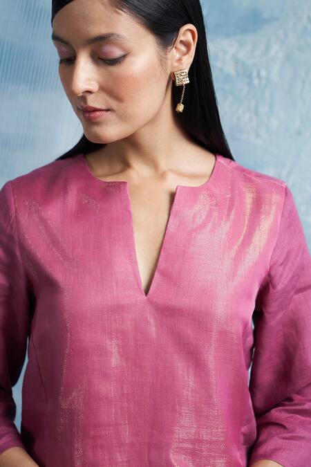 Charkhee_Pink Linen, Organza, Cotton Satin Split V-neck Woven Kurta Set With Dupatta _at_Aza_Fashions