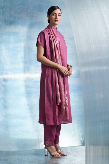Charkhee Pink Linen, Satin, Mandarin Woven Neck Scarf Kurta And Pant Set Online at Aza Fashions Charkhee_Pink Linen, Satin, Mandarin Woven Neck Scarf Kurta And Pant Set _Online_at_Aza_Fashions