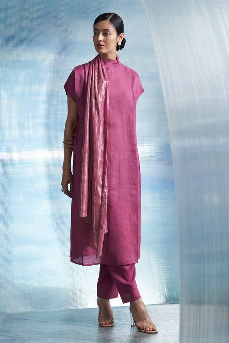 Buy Charkhee Pink Linen, Satin, Mandarin Woven Neck Scarf Kurta And Pant Set Online at Aza Fashions Buy_Charkhee_Pink Linen, Satin, Mandarin Woven Neck Scarf Kurta And Pant Set _Online_at_Aza_Fashions