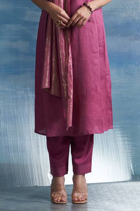 Charkhee Pink Linen, Satin, Mandarin Woven Neck Scarf Kurta And Pant Set at Aza Fashions Charkhee_Pink Linen, Satin, Mandarin Woven Neck Scarf Kurta And Pant Set _at_Aza_Fashions