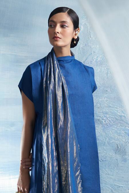 Charkhee Blue Linen, Cotton Satin High Neck Woven Neckline Scarf Kurta And Pant Set at Aza Fashions Charkhee_Blue Linen, Cotton Satin High Neck Woven Neckline Scarf Kurta And Pant Set _at_Aza_Fashions