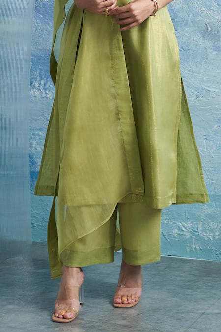 Charkhee Green Linen, Organza, Cotton Satin Mandarin Collar A-line Woven Kurta Set Online at Aza Fashions Charkhee_Green Linen, Organza, Cotton Satin Mandarin Collar A-line Woven Kurta Set _Online_at_Aza_Fashions