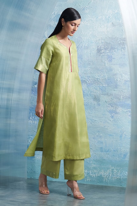 Buy Charkhee Green Linen, Organza, Cotton Satin Mandarin Collar A-line Woven Kurta Set Online at Aza Fashions Buy_Charkhee_Green Linen, Organza, Cotton Satin Mandarin Collar A-line Woven Kurta Set _Online_at_Aza_Fashions