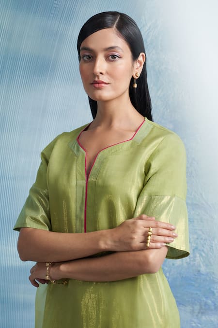 Shop Charkhee Green Linen, Organza, Cotton Satin Mandarin Collar A-line Woven Kurta Set Online at Aza Fashions Shop_Charkhee_Green Linen, Organza, Cotton Satin Mandarin Collar A-line Woven Kurta Set _Online_at_Aza_Fashions