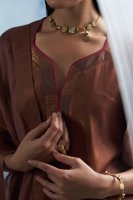 Buy Charkhee Brown Linen, Organza, Cotton Satin Split V-neck Woven A-line Kurta Set Online at Aza Fashions Buy_Charkhee_Brown Linen, Organza, Cotton Satin Split V-neck Woven A-line Kurta Set _Online_at_Aza_Fashions