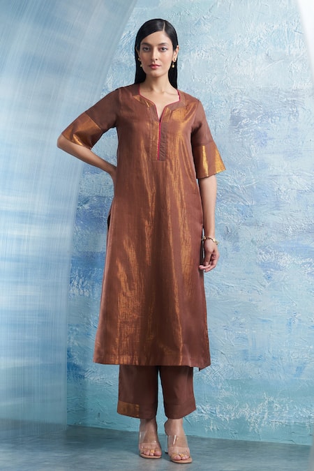 Shop Charkhee Brown Linen, Organza, Cotton Satin Split V-neck Woven A-line Kurta Set Online at Aza Fashions Shop_Charkhee_Brown Linen, Organza, Cotton Satin Split V-neck Woven A-line Kurta Set _Online_at_Aza_Fashions