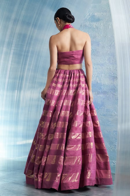 Shop Charkhee Pink Linen, Organza, Cotton Halter Neck Stripe Woven Lehenga Set at Aza Fashions Shop_Charkhee_Pink Linen, Organza, Cotton Halter Neck Stripe Woven Lehenga Set _at_Aza_Fashions