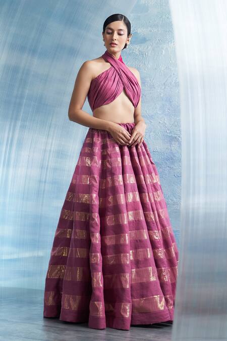 Charkhee Pink Linen, Organza, Cotton Halter Neck Stripe Woven Lehenga Set Online at Aza Fashions Charkhee_Pink Linen, Organza, Cotton Halter Neck Stripe Woven Lehenga Set _Online_at_Aza_Fashions