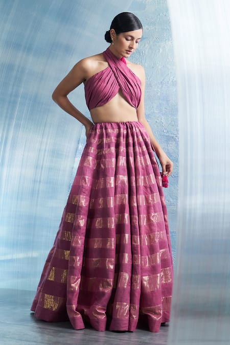 Buy Charkhee Pink Linen, Organza, Cotton Halter Neck Stripe Woven Lehenga Set Online at Aza Fashions Buy_Charkhee_Pink Linen, Organza, Cotton Halter Neck Stripe Woven Lehenga Set _Online_at_Aza_Fashions