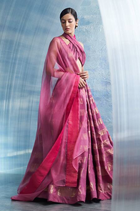 Buy Charkhee Pink Linen, Organza, Cotton Halter Neck Stripe Woven Lehenga Set Buy_Charkhee_Pink Linen, Organza, Cotton Halter Neck Stripe Woven Lehenga Set