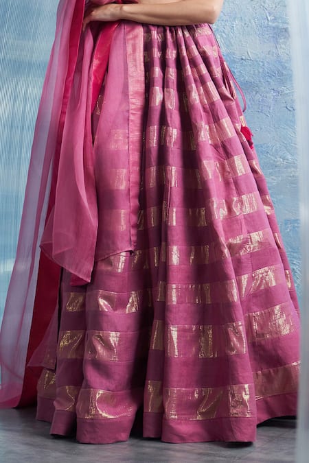 Shop Charkhee Pink Linen, Organza, Cotton Halter Neck Stripe Woven Lehenga Set Shop_Charkhee_Pink Linen, Organza, Cotton Halter Neck Stripe Woven Lehenga Set