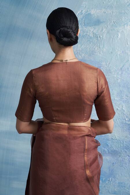 Charkhee_Brown Organza, Cotton, Linen V-neck Border Woven Saree With Blouse _Online_at_Aza_Fashions