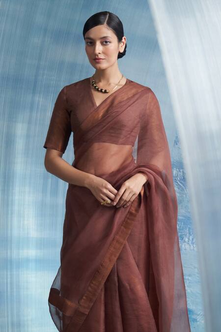 Buy_Charkhee_Brown Organza, Cotton, Linen V-neck Border Woven Saree With Blouse _Online_at_Aza_Fashions