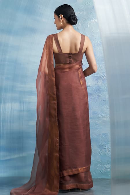 Charkhee Brown Woven Saree With Sleeveless Blouse 