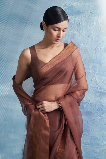 Shop Charkhee Brown Organza, Cotton Satin, Linen Sweetheart Woven Saree With Sleeveless Blouse Online at Aza Fashions Shop_Charkhee_Brown Organza, Cotton Satin, Linen Sweetheart Woven Saree With Sleeveless Blouse _Online_at_Aza_Fashions