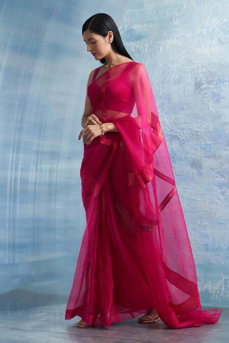 Buy_Charkhee_Fuchsia Organza, Cotton, Linen Embroidery Stripe Border Woven Saree With Blouse _Online_at_Aza_Fashions