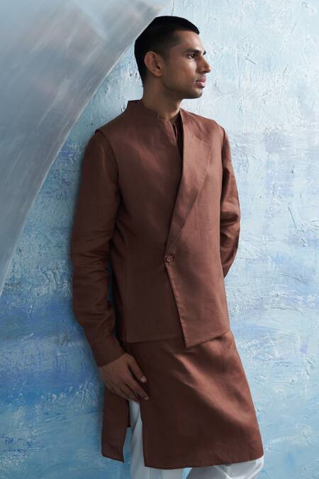 Charkhee_Brown Linen, Cotton Satin Asymmetric Solid Bundi _Online_at_Aza_Fashions