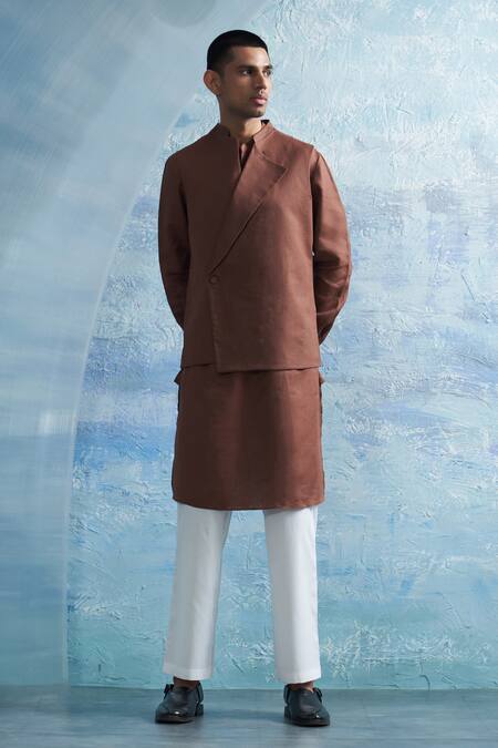 Shop_Charkhee_Brown Linen, Cotton Satin Asymmetric Solid Bundi _Online_at_Aza_Fashions
