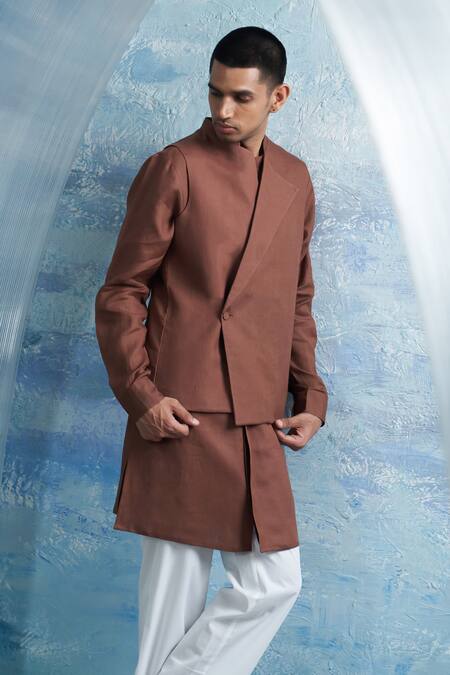 Charkhee_Brown Linen, Cotton Satin Asymmetric Solid Bundi _at_Aza_Fashions