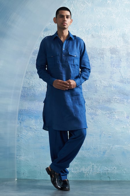 Shop Charkhee Blue Linen, Cotton Satin Solid Bundi Kurta Salwar Set at Aza Fashions Shop_Charkhee_Blue Linen, Cotton Satin Solid Bundi Kurta Salwar Set _at_Aza_Fashions