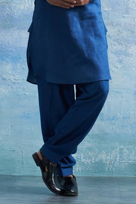 Charkhee Blue Linen, Cotton Satin Solid Bundi Kurta Salwar Set Online at Aza Fashions Charkhee_Blue Linen, Cotton Satin Solid Bundi Kurta Salwar Set _Online_at_Aza_Fashions